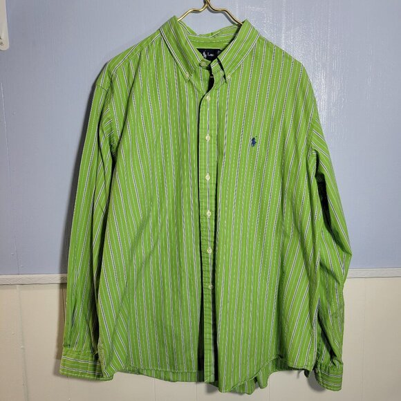 Ralph Lauren XXL Classic Fit Men's Bright Green Blue Striped Button Down Shirt - Picture 1 of 9